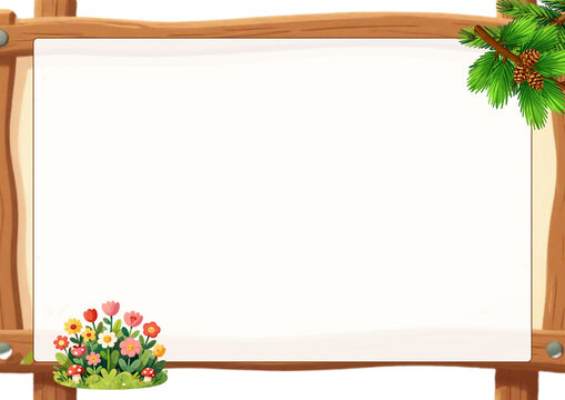 Wooden Border Frame with Flowers and Pine Branches