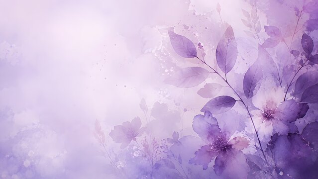 Beautiful watercolor illustration of purple flowers and leaves on a soft dreamy background, artistic floral design for greeting cards and invitations