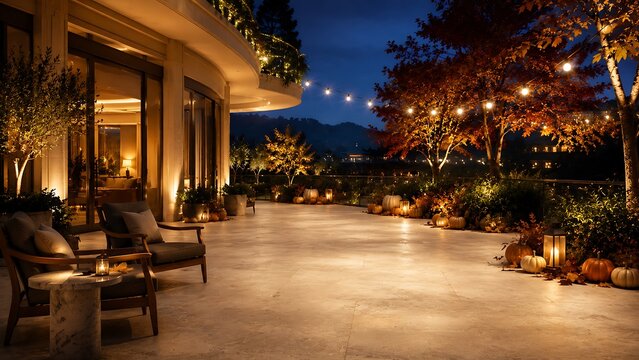 Luxury outdoor lounge area at dusk