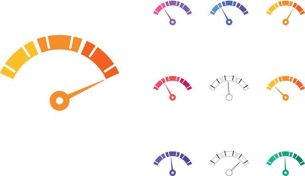 Colorful speedometer icon set, flat gauge vector collection, performance measurement symbols for dashboard UI and web design