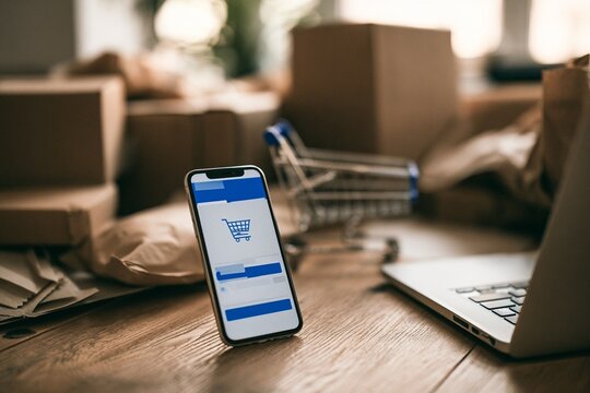 Online Shopping Concept with Smartphone, Shopping Cart and Shipping Packages