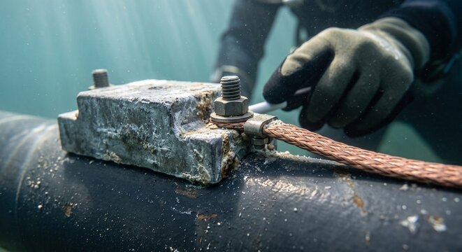 Close Up of Sacrificial Anode on Submerged Steel Penstock