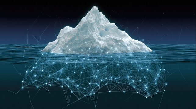 A large iceberg floats in dark water with a glowing network visible beneath the surface.