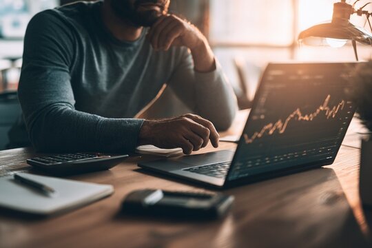 Professional Trader Analyzing Financial Stock Market Data on a Laptop