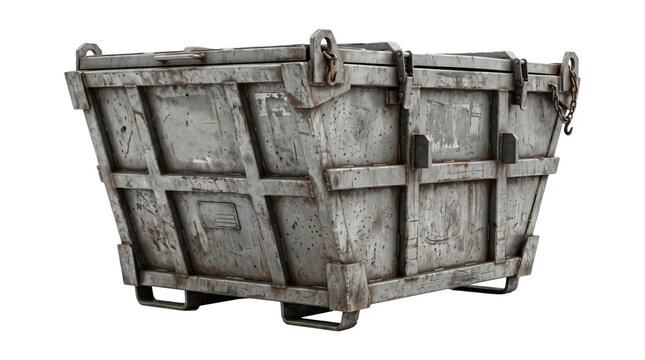 Weathered Wooden Industrial Freight Crate With Metal Reinforcement.