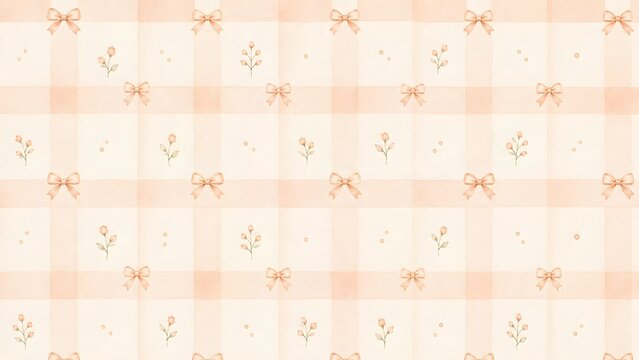 Seamless pattern with watercolor peach bows and delicate floral sprigs on a soft checkered background, perfect for nursery decor and feminine stationery