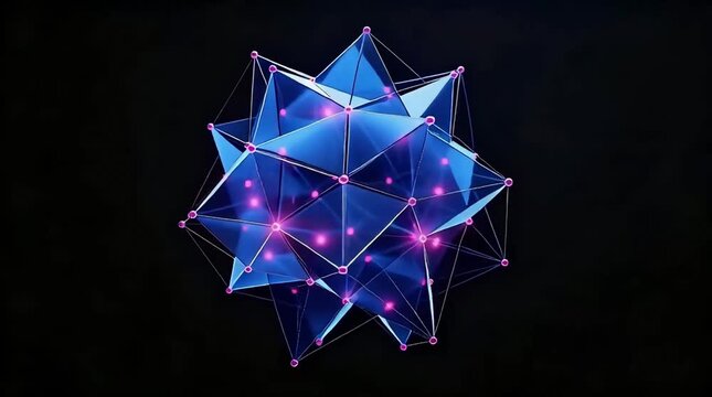 Rotating blue 3D polyhedron with glowing purple nodes for blockchain technology campaign video loop