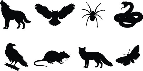 Naklejka premium Halloween animal silhouettes of wolf owl spider snake crow rat fox and butterfly