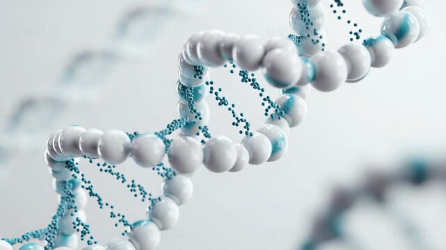 Closeup dna double helix molecular structure, softfocus background, glossy spherical base pairs, red phosphate backbone, slow rotation, clinical cool lighting,