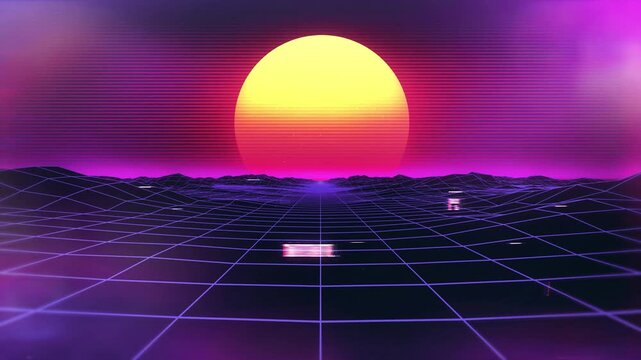 80s Retro Synthwave Wireframe Landscape with Glowing Neon Sunset, Digital Glitch Effect Background