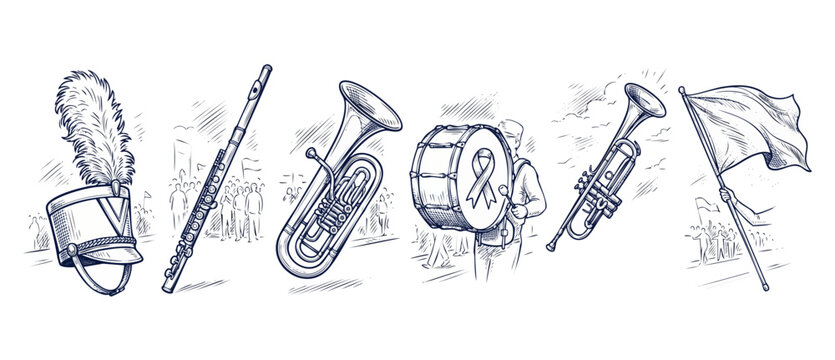 Marching band instruments sketch set featuring shako hat, trumpet, flute, bass drum, tuba, and flag for parade, school music education, performance, and charity events vector line art set.