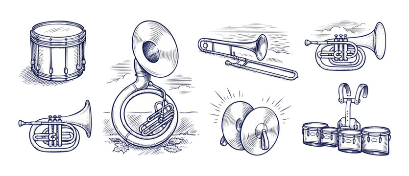 Marching band musical instruments set vintage hand drawn line art illustration including brass tuba sousaphone trombone trumpet snare drum cymbals and marching tenor drums isolated on white backdrop