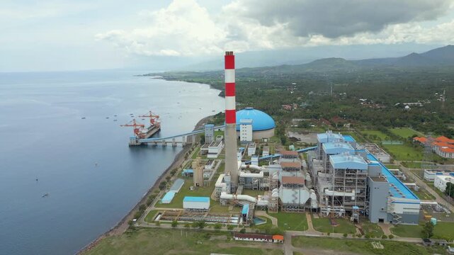 Indonesian Power Plant And Port Celukan Bawang North Bali Island Indonesia Drone Track Back 4K 60FPS