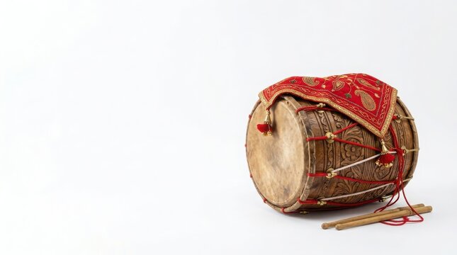 Traditional Indian Dhol drum with red decorative cloth isolated on white background