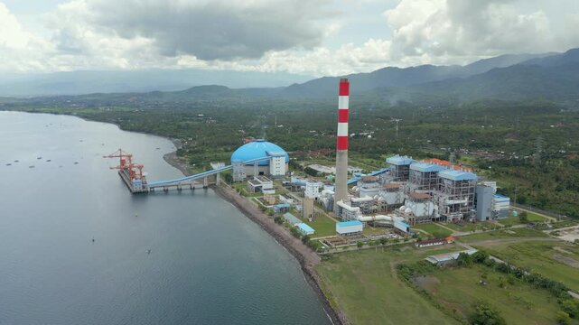 Countryside Power Plant Near Port Of Celukan Bawang North Bali Indonesia Drone Track In High Angle 4K 60FPS