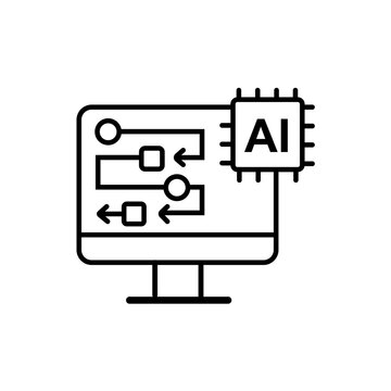 AI Computer Workflow Process Icon - Artificial Intelligence Automation Line Vector