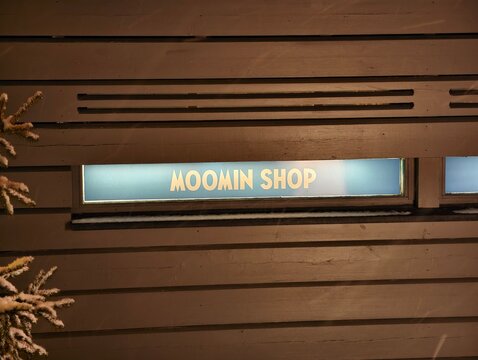 Rovaniemi, Finland-Dec.2nd 2025: moomin shop brand logo sign