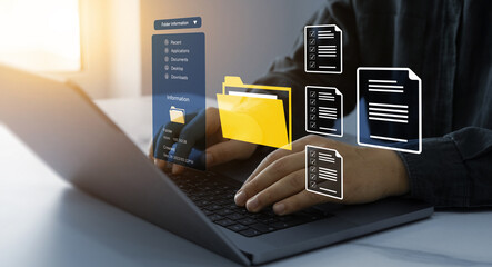 Process automation to efficiently manage files. Businesswoman working on laptop with virtual...