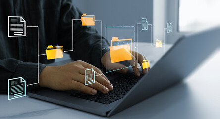 Naklejka premium Process automation to efficiently manage files. Businesswoman working on laptop with virtual screen. Online documentation database and document management system concept. 