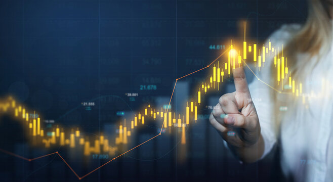 Business financial chart with moving up arrow graph.Financial data charts with glowing stock market graphs.Stock market investment data and analysis finance graph.	
