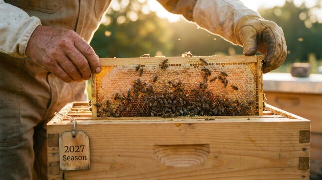 Beekeeper Hands Lifting Honeycomb Frame Covered with Bees from Wooden Hive
