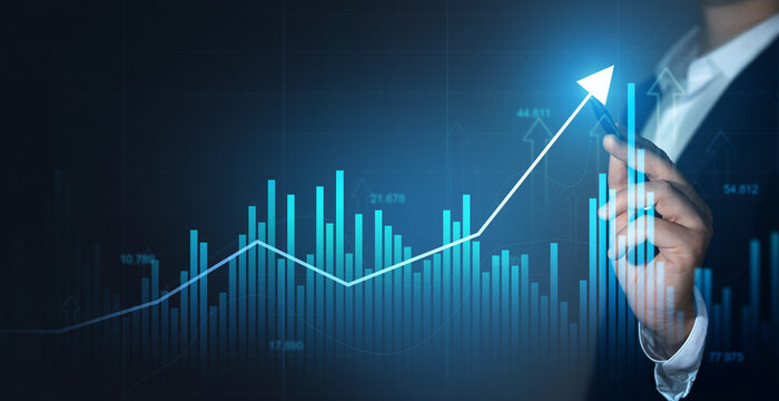 Business financial chart with moving up arrow graph.Financial data charts with glowing stock market graphs.Stock market investment data and analysis finance graph.	
