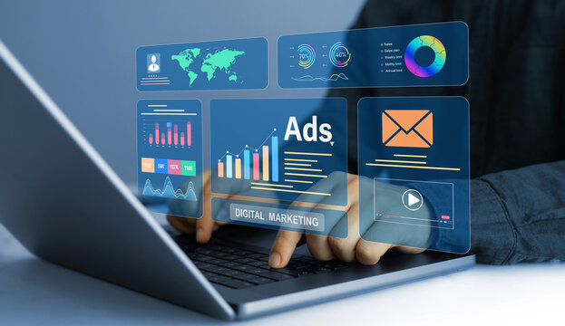 Online marketing concept featuring social media, email marketing, website promotion, and search engine optimization. Increasing brand visibility, organic traffic  and sales performance.