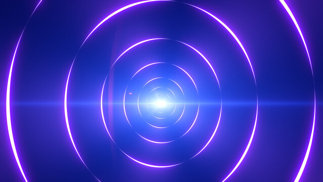 Abstract purple circular neon rings receding into a bright center, forming a sleek futuristic tunnel background.