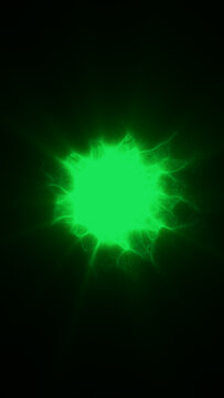 Bright green plasma orb with electric flame-like tendrils glowing against a black background, representing power, radiation, and quantum energy.