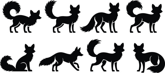 Obraz premium Collection of eight fox silhouettes in various poses including standing, sitting, walking, and looking, presented as black on a plain white background, for use