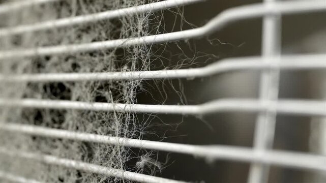 Dust and lint cover a white fan grille in soft focus against a dark background.