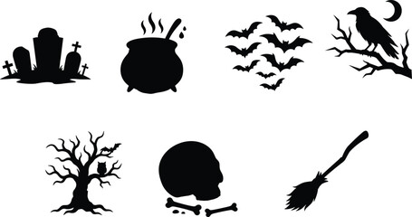 Naklejka premium Halloween spooky silhouettes of graveyard cauldron bats raven owl skull and broom