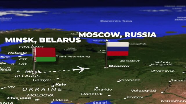 Flight From Minsk BELARUS to Moscow RUSSIA with flag pins