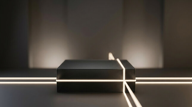 Front eye-level view of a matte black frosted glass block podium intersecting with minimal glowing LED strips under soft backlight.