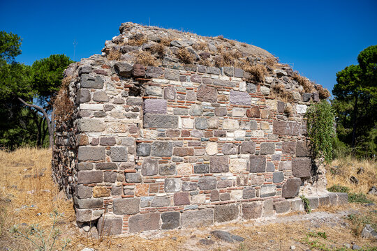 View of ancient ruins at Kadifekale hilltop castle in Izmir.