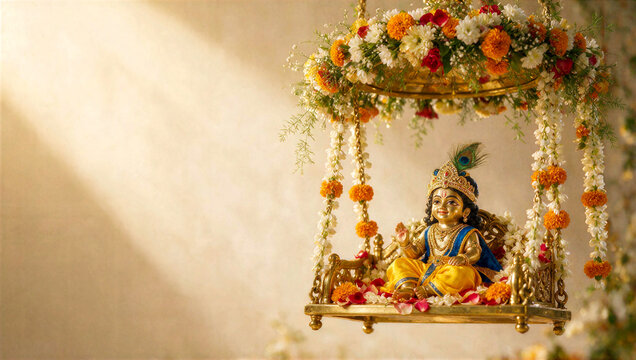 Krishna Janmashtami Celebration with Baby Krishna on Decorated Cradle and Copy Space