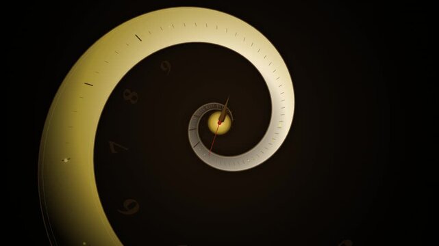 Abstract golden clock spiral time warp vortex concept motion background with ticking hands 
