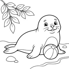 Obraz premium Cute baby seal with a ball coloring page for kids
