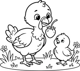 Fototapeta premium Cute cartoon turkey bird feeding a small chick with a strawberry, coloring page for kids