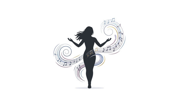 Silhouette of a woman standing with swirling musical notes and melodic waves on a white background