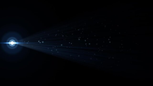 Bright blue light beam emanating from glowing lens flare with floating particles on black