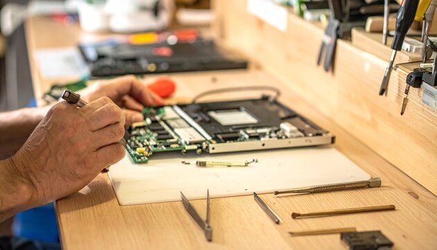 Technician hands repairing laptop computer motherboard at electronic workshop workbench with laptop repair