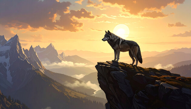 Wolf standing cliff sunset