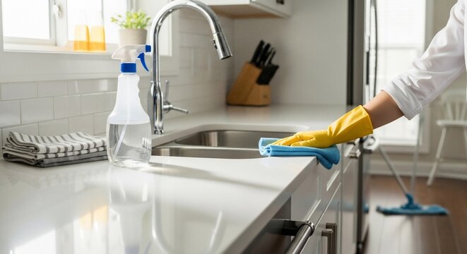 Woman cleaning kitchen countertop