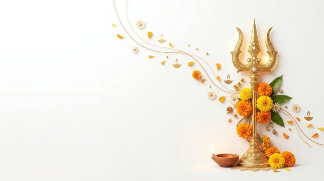 Golden Trishul with marigold flowers and diya lamp for Hindu religious festival celebration