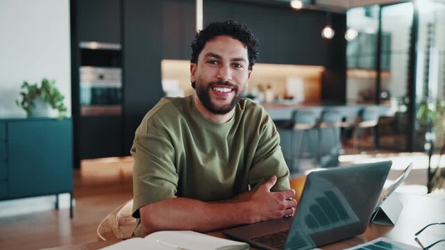 Laptop, happy and face of businessman in home with remote work for online software development. Smile, technology and portrait of web designer with computer for email feedback on frontend project.