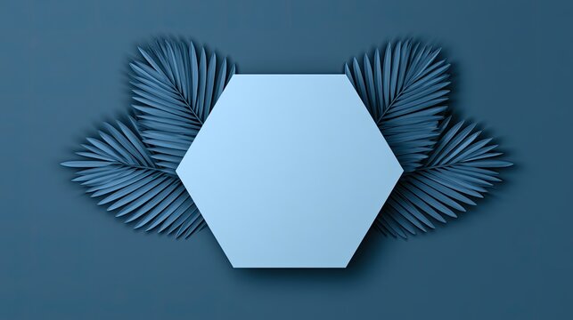 A pale blue hexagon shape on a dark blue background with two fan-like leaves