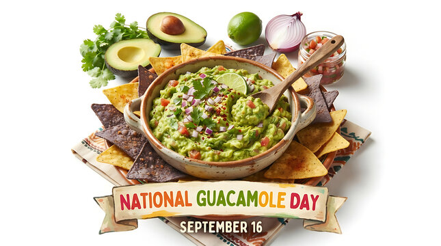 a small pile of cilantro arranged behind, and a banner reading "National Guacamole Day September 16."
