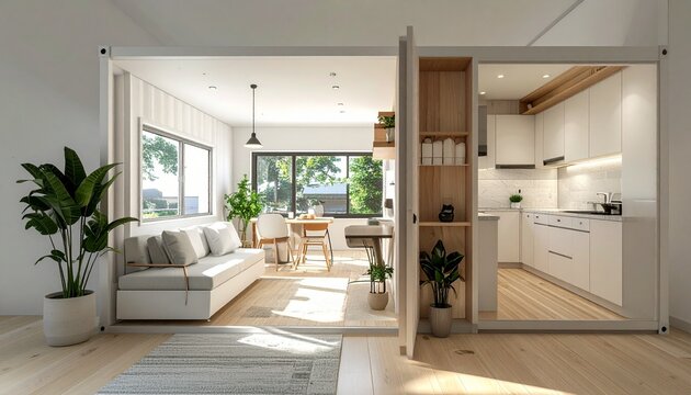Contemporary shipping container home interior featuring open plan living and kitchen area modular house modern kitchen