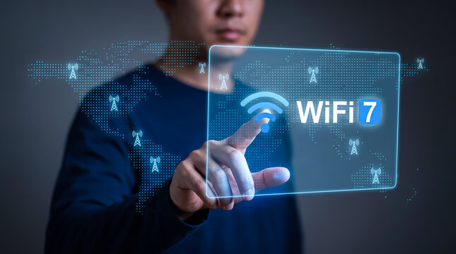 A man touching a futuristic holographic screen with a wifi 7 logo, representing advanced wireless internet technology and global connectivity